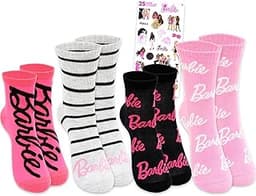 Barbie Socks for Women Set - Bundle with 4 Pairs of Crew Socks Size 4-10 Adults Plus Stickers | Barbie Apparel for Te...