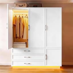 72" Wooden Armoire Wardrobe Closet with 3 Door Bedroom Armoire with LED Light 3 Drawers Large Modern Wardrobe Cabinet...