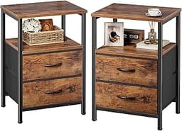 Huuger Night Stand Set 2, Nightstand with 2 Drawers, Bed Side Table with Open Shelf, Wooden Top, End Table, Fabric Dr...