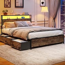 Forestell Queen Bed Frame with Headboard & 6 Drawers, Metal Platform Bed Frame Queen Size with Charging Station,LED L...