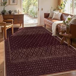 Joydeco Vintage Washable 8x10 Area Rugs for Living Room, Burgundy Boho Geometric Bedroom Rug Non Slip, Ultra-Thin Sof...