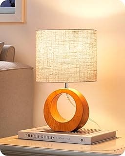 EDISHINE Small Wood Table Lamp, 13.4" Nightstand Lamp with Beige Linen Lampshade, ON-Off Switch, E26 Base, Modern Bed...
