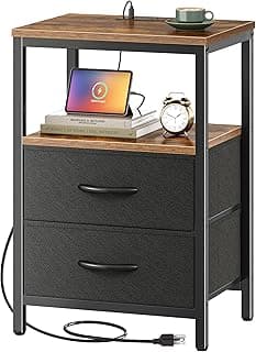Huuger Nightstand with Charging Station, Side Table with Fabric Drawers, End Table with Open Shelf, Bedside Table wit...