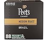 Peet's Coffee, Medium Roast Keurig K-Cup Pods, 100% Arabica Coffee - Single Origin Brazil 88 Count (4 Boxes of 22 Pods)