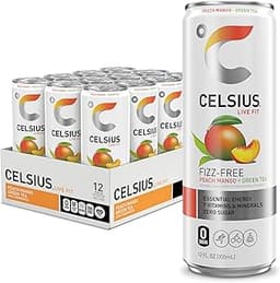 CELSIUS Peach Mango Green Tea, Functional Essential Energy Drink 12 Fl Oz (Pack of 12)