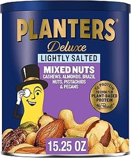 PLANTERS Deluxe Mixed Nuts, Cashews, Almonds, Brazil Nuts Mix, Pistachios, Pecans, Lightly Salted, Snacks for Adults ...