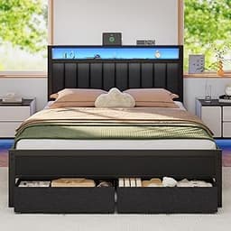 Furnulem Queen Bed Frame with Charging Station and LED Lights, Grey Upholstered Headboard with Shelves, Metal Platfor...