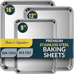 Baker’s Signature Stainless Steel Cookie Sheet Pan, Stainless Steel Baking Sheet Set of 3, Mirror Finish, Non-Stick, ...