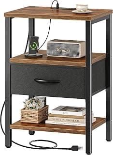 SUPERJARE Nightstand with Charging Station, Bed Side Table with Adjustable Fabric Drawer, Night Stand for Bedroom, 3-...