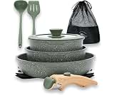 DishDelight Detachable Handle Camping Pots and Pans Set, 10 Piece Induction Cookware Sets Non Stick, Green Granite St...