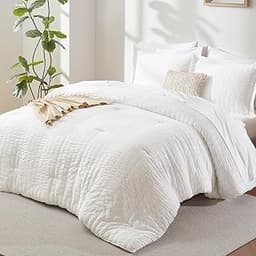 CozyLux Queen Comforter Set White Seersucker 7 Pieces Bed in a Bag Queen Comforter Set with Sheets, Luxury Soft Beddi...