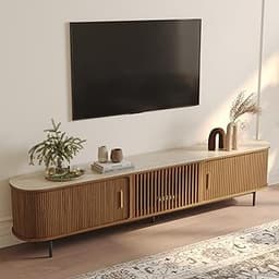 POVISON Fully-Assembled Sliding Tambour Door TV Stand, Mid Century Modern Sintered Stone TV Console, Wood Media Conso...