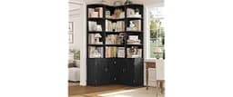 FINETONES 74" Tall Corner Bookshelf, Black Bookshelf with Doors | Corner Bookcase Farmhouse Bookshelves and Bookcases...