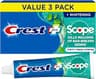 Crest + Scope Whitening Toothpaste - Pack of 3, 5.4 Oz Tubes - Anticavity Fluoride Toothpaste, Fresh Breath, Kills Ge...