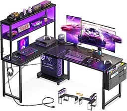 AODK L Shaped Desk Gaming Desk with LED Light & Power Outlet, 53 Inch Reversible L Shaped Computer Table with Shelf &...