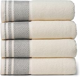 Texere 100% Organic Cotton Rice Weave Jacquard 700 GSM Luxury Bath Towel Sets - 4 Large Bath Towels (Rice Weave, Crea...