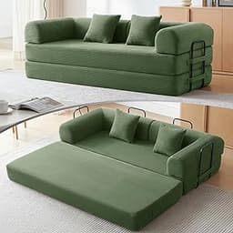 79" Convertible Futon Sofa Bed, Boneless Couch for Living Room (Green) | Corduroy Boneless Loveseat Sleeper Sofa, Mod...