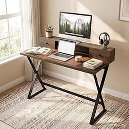 Manora Computer Desk with Drawers and Monitor Stand, 47" Home Office Desk with Storage Shelf, Rustic Brown Writing St...
