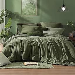 Monbix Queen Comforter Set - 7 Pieces Cationic Dyeing Olive Green Bed in a Bag Queen Bedding Sets with Comforter, She...
