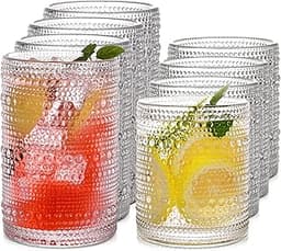 Vintage Hobnail Drinking Glasses Set of 8, 15 oz Highball Glasses & 12 oz Cocktail Glasses, Drinkware Kitchen Glasses...