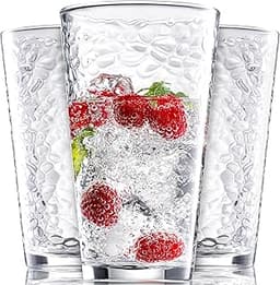 Set of 10 Hammered Glass Cups, 16oz. Dishwasher Safe Cocktail Drinking Glasses - Clear Heavy Base Stemmed Water Glass...
