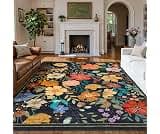 Ruaruarug Floral Washable Area Rug 8×10, Ultra Soft for Living Room, Black | Non Slip, Easy to Clean, Water Repellent...