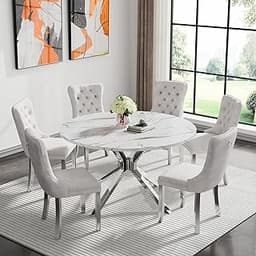 47" White Faux Marble Dining Room Table Set for 6, 7-Piece Modern Kitchen Dining Room Table Set with Silver X-Shaped ...