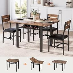 MapleGrace Dining Table Set for 4, Extendable Kitchen Table with 4 PU Leather Upholstered Dining Room Chairs, Wood Ki...