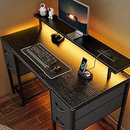 Huuger 47 inch Computer Desk with 4 Drawers, Gaming Desk with LED Lights & Power Outlets, Home Office Desk with Large...