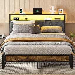 OLEVS Queen Bed Frame Metal Platform Bed Queen Size with 2-Tier Storage & LED Light Headboard, Charging Station Type ...