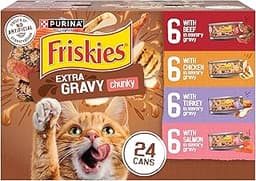 Purina Friskies Extra Gravy Wet Cat Food Chunky 24ct Variety Pack (With Chicken, Turkey, Salmon, Beef) - (Pack of 24)...