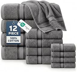 LANE LINEN Bath Towel Set 100% Cotton 12 Piece Soft Absorbent - Grey | Bathroom Towel Set, Soft & Absorbent, Ring-Spu...