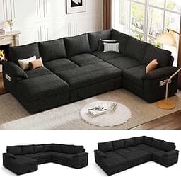 108 Inch Modular Sectional Sofa with Pull Out Bed, U Shaped 7 Seat Sectional Sleeper Sofa with Storage, Sectional Cou...