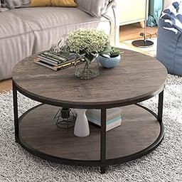 NSdirect Round Coffee Table,36" Coffee Table for Living Room,2-Tier Rustic Wood Desktop with Storage Shelf Modern Des...