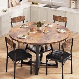 Dining Table Set for 4,Kitchen Table and Chairs for 4, Round Dining Room Table with Upholstered Chairs, 5 Piece Space...