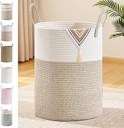 Tall Laundry Basket with Handles, 100L Portable Dirty Clothes Hamper, Boho Cotton Rope Storage Bin for Blankets Kids ...