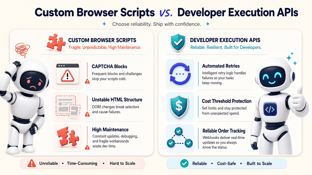 Comparison diagram of Custom Browser Scripts versus Developer Execution APIs