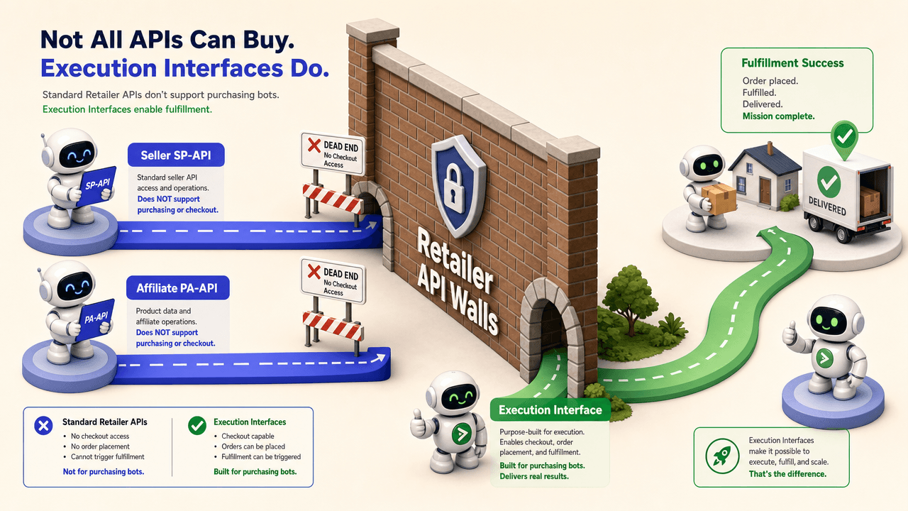 Diagram showing why traditional retailer APIs break at checkout walls and how Execution Interfaces enable fulfillment