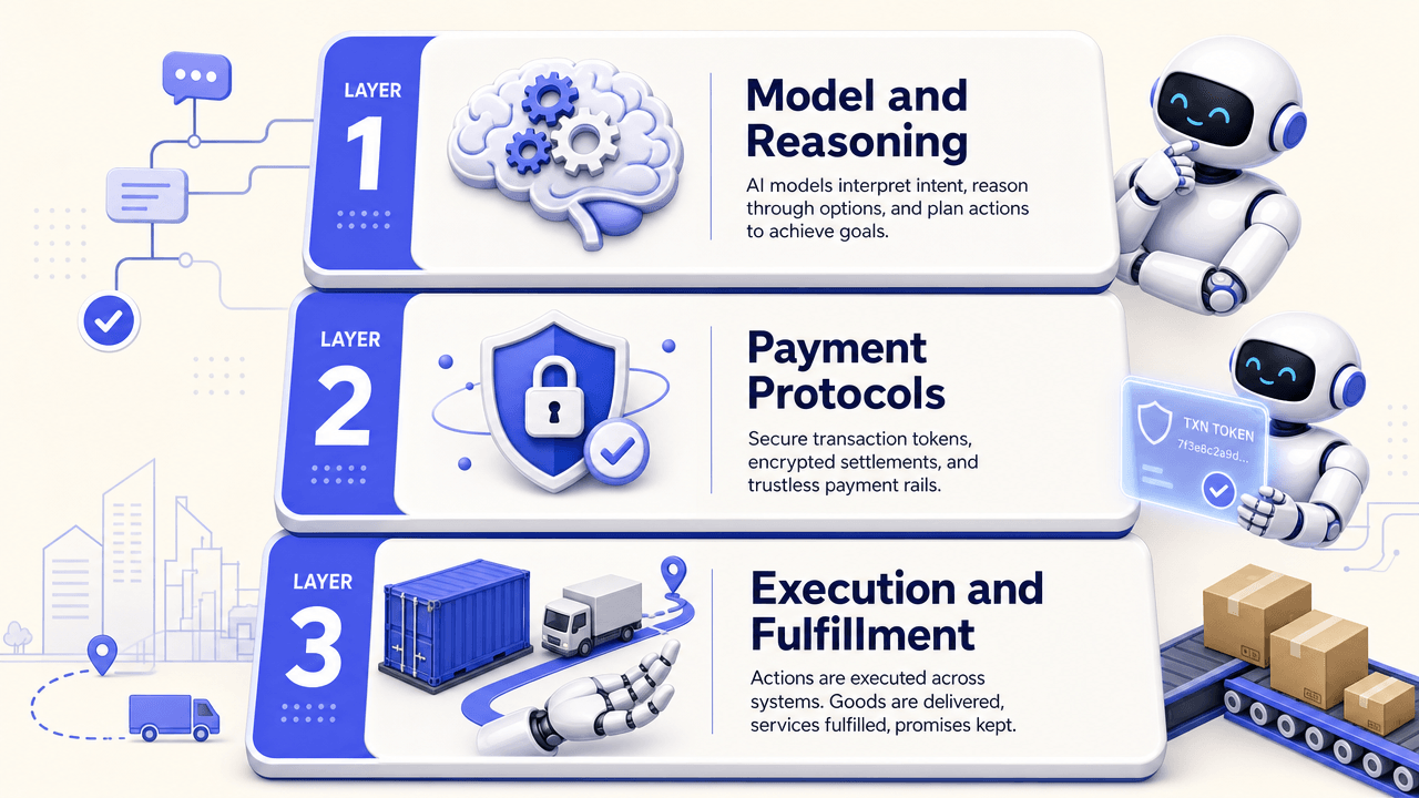 The three layers of the agentic commerce stack: Model & Reasoning, Payment Protocols, and Execution & Fulfillment