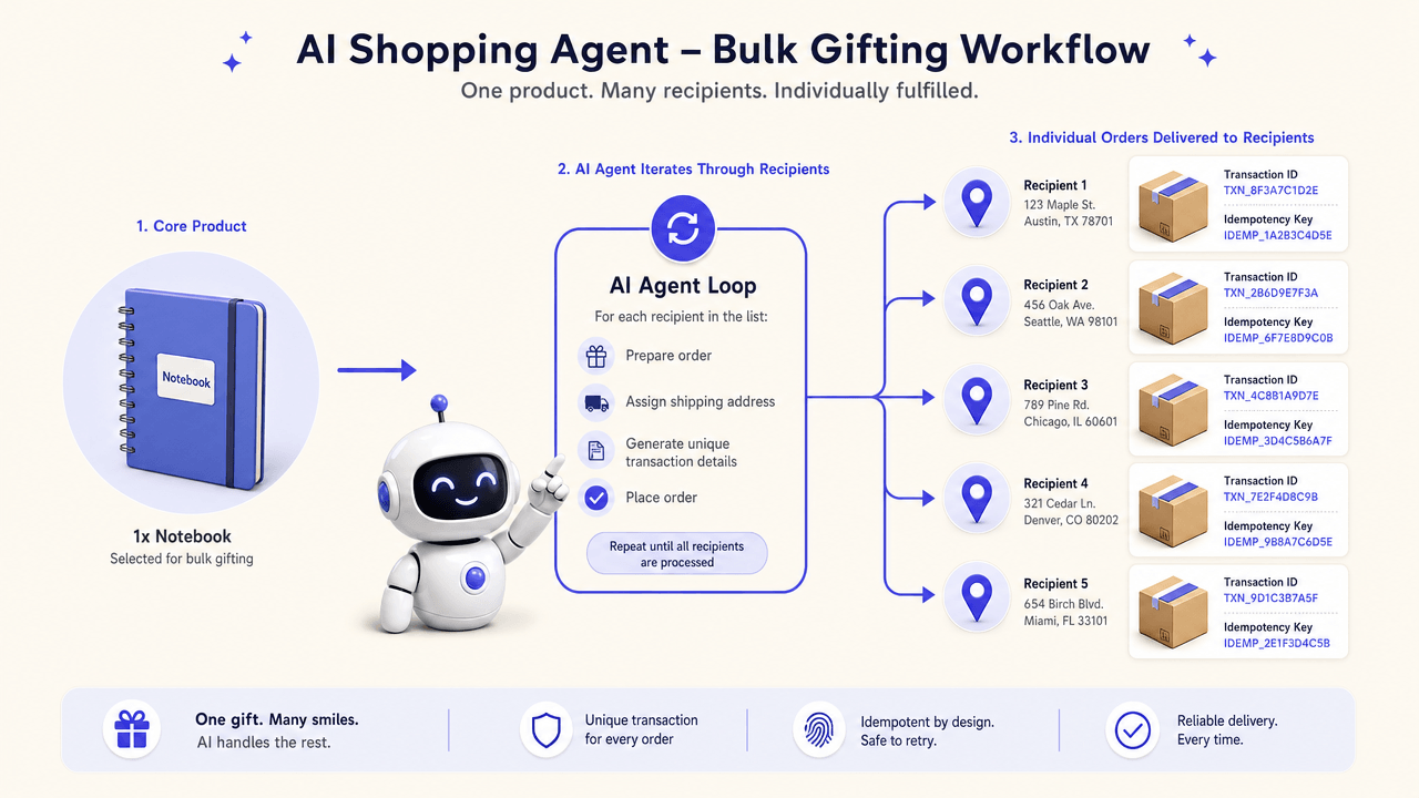 Infographic showing a single-item bulk distribution flow mapping one SKU to multiple unique shipping addresses with distinct idempotency keys