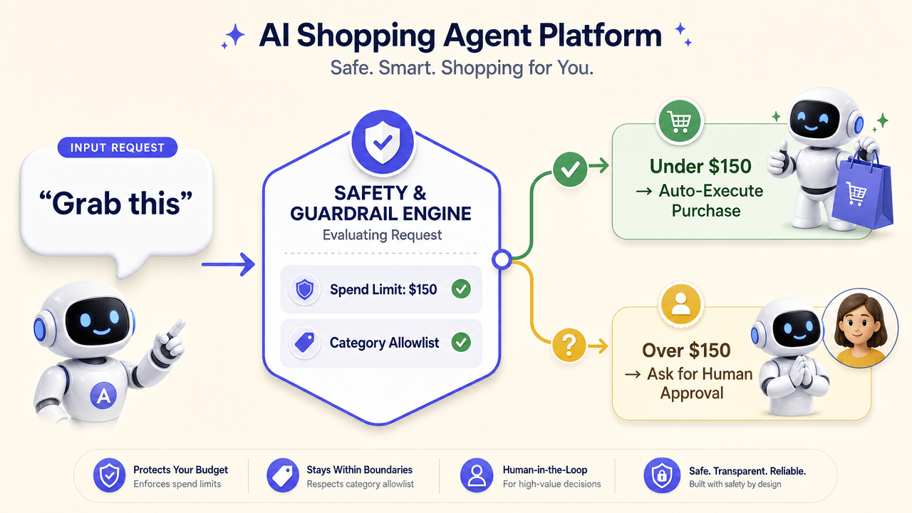 Diagram showing the safety guardrail logic of a personal shopping agent with spend caps and human-in-the-loop triggers
