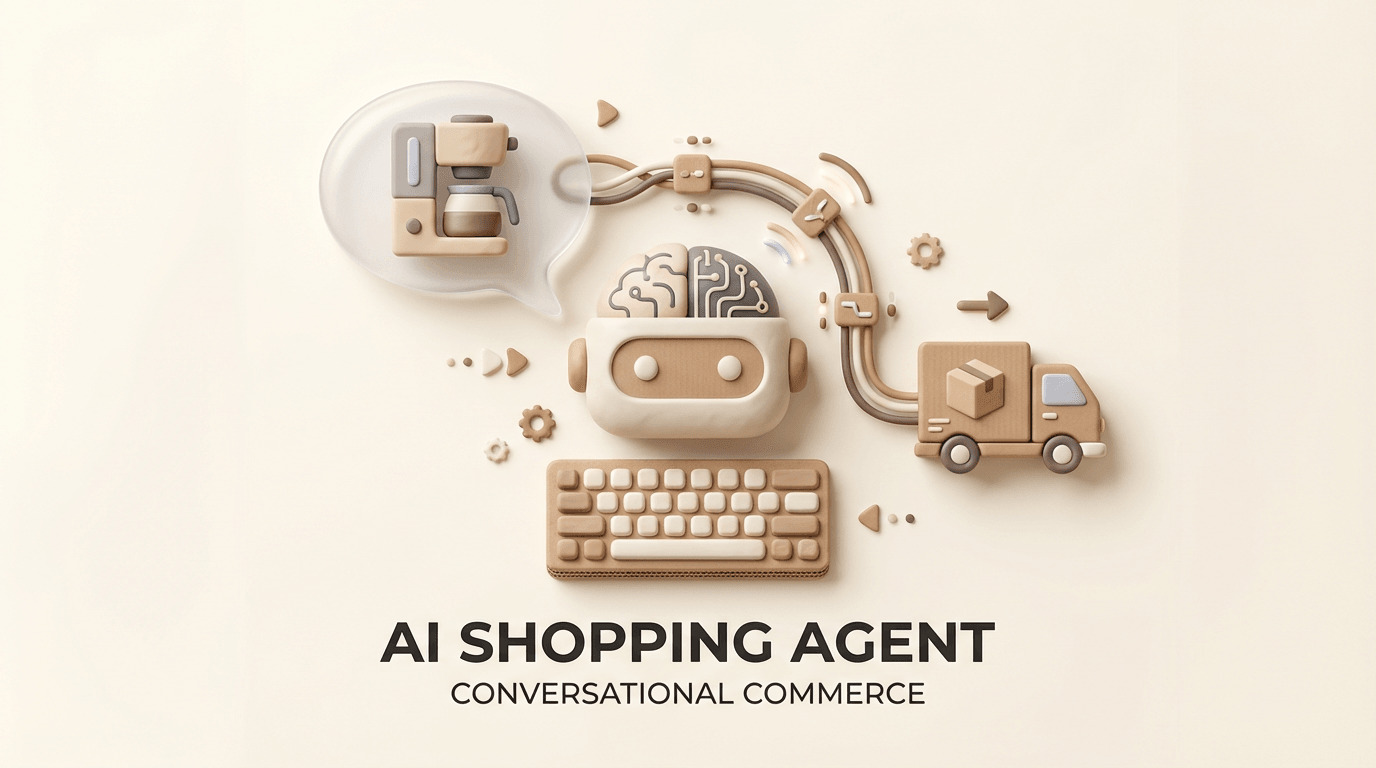 AI shopping agent illustration showing conversational commerce flowing from an assistant to real-world delivery