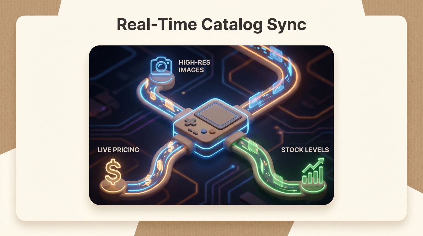 Real-time catalog sync illustration showing live pricing, stock levels, and high-resolution product data