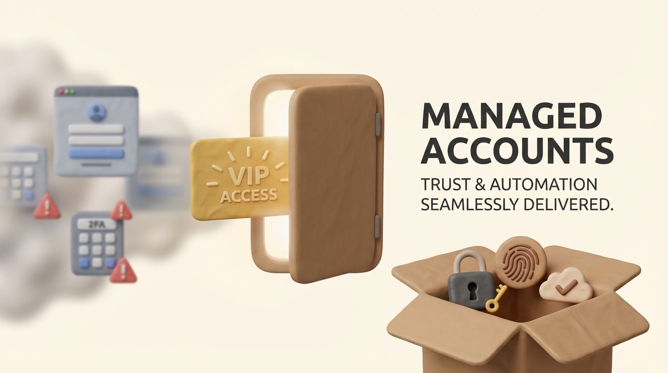 Managed accounts illustration showing secure account access, verification handling, and automated checkout