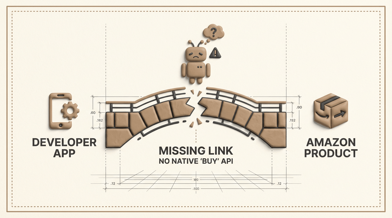 Illustration showing the missing link between a developer app and an Amazon product because Amazon has no native buy API