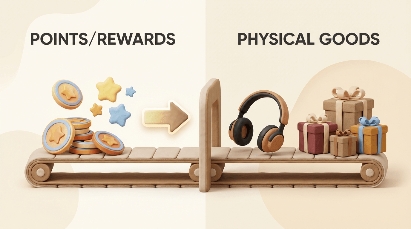Rewards fulfillment illustration showing points and rewards converted into physical goods and gifts