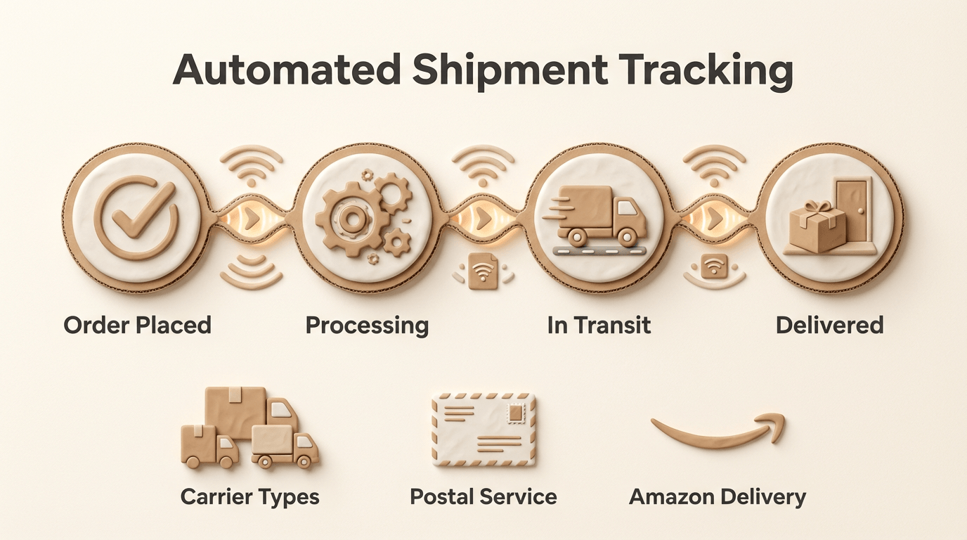 Automated shipment tracking illustration showing order placed, processing, in transit, and delivered states across multiple carrier types