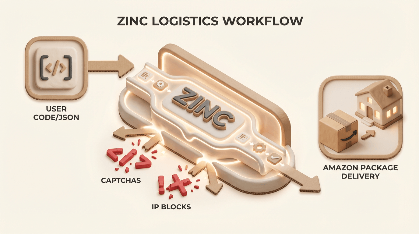 Zinc logistics workflow from user code and JSON to Amazon package delivery while bypassing captchas and IP blocks