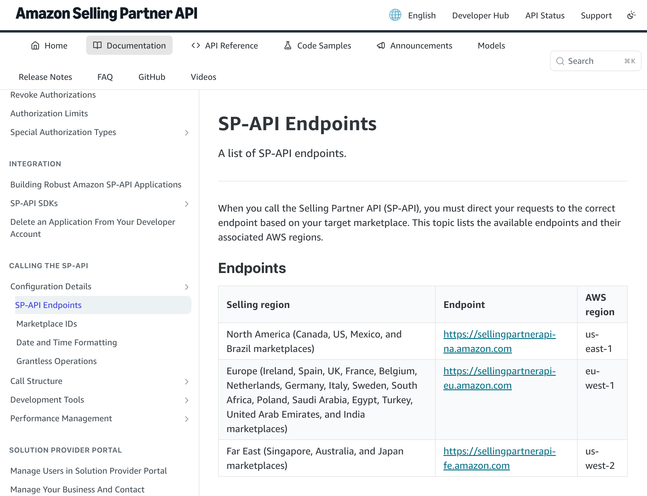 Screenshot of Amazon Selling Partner API documentation showing SP-API endpoint regions.