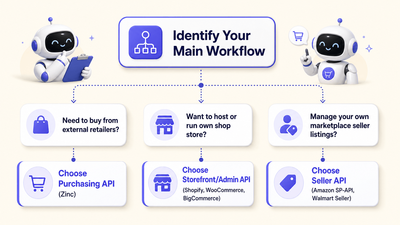 Decision tree showing how developers should choose between a purchasing API, a storefront or admin API, and a marketplace seller API based on their main ecommerce workflow.